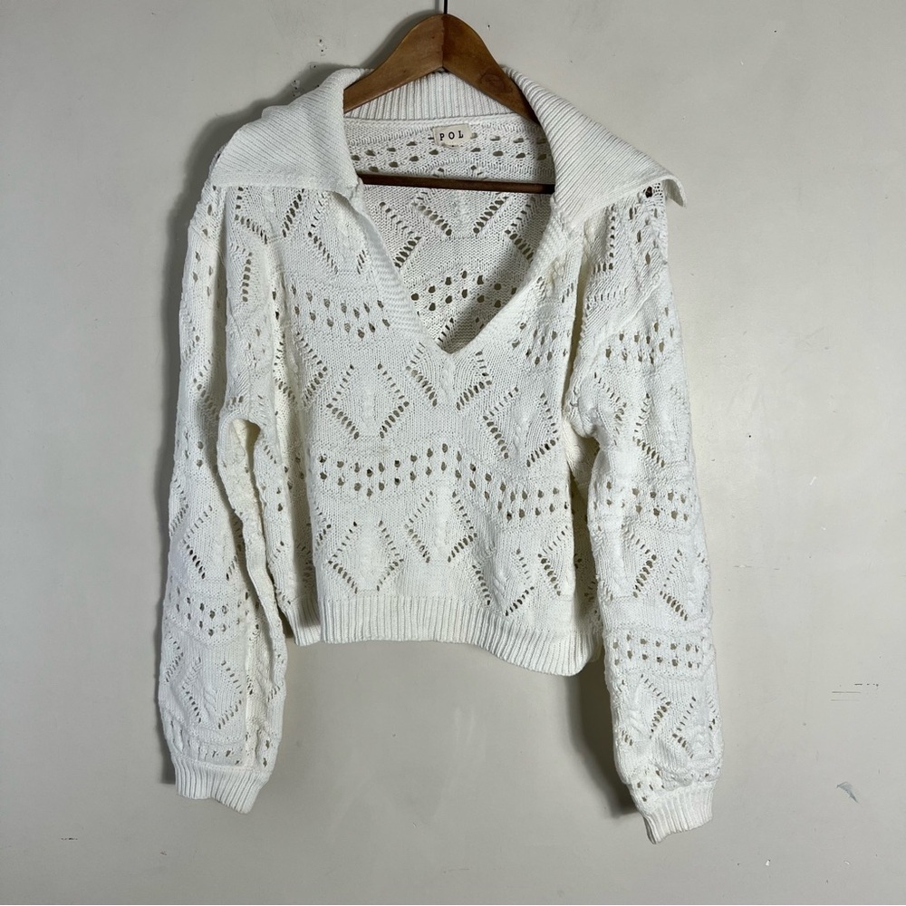POL Ivory Open Knit Collared Sweater Size Medium Long Sleeve V-Neck